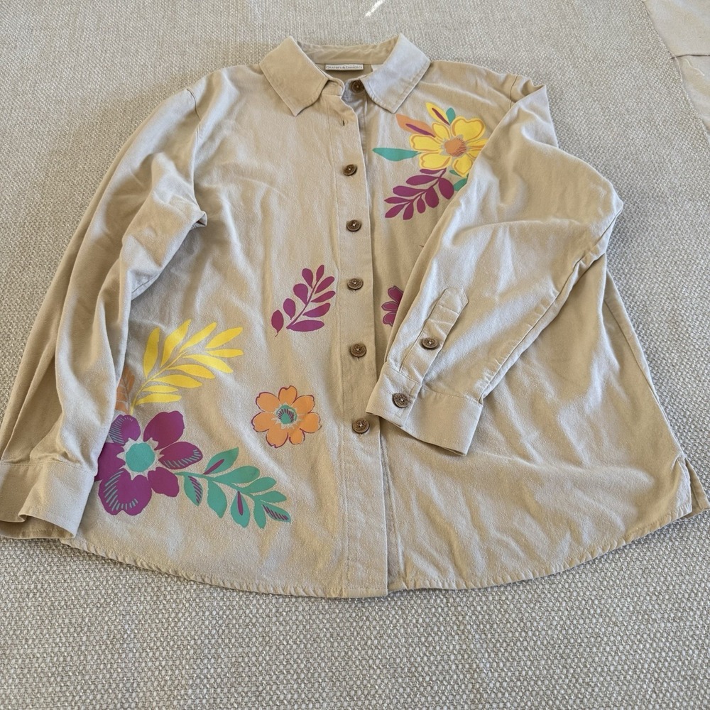 Draper's & Damon's 100% Silk Size L Beige Floral Embellished Top Blouse Women - Picture 6 of 10